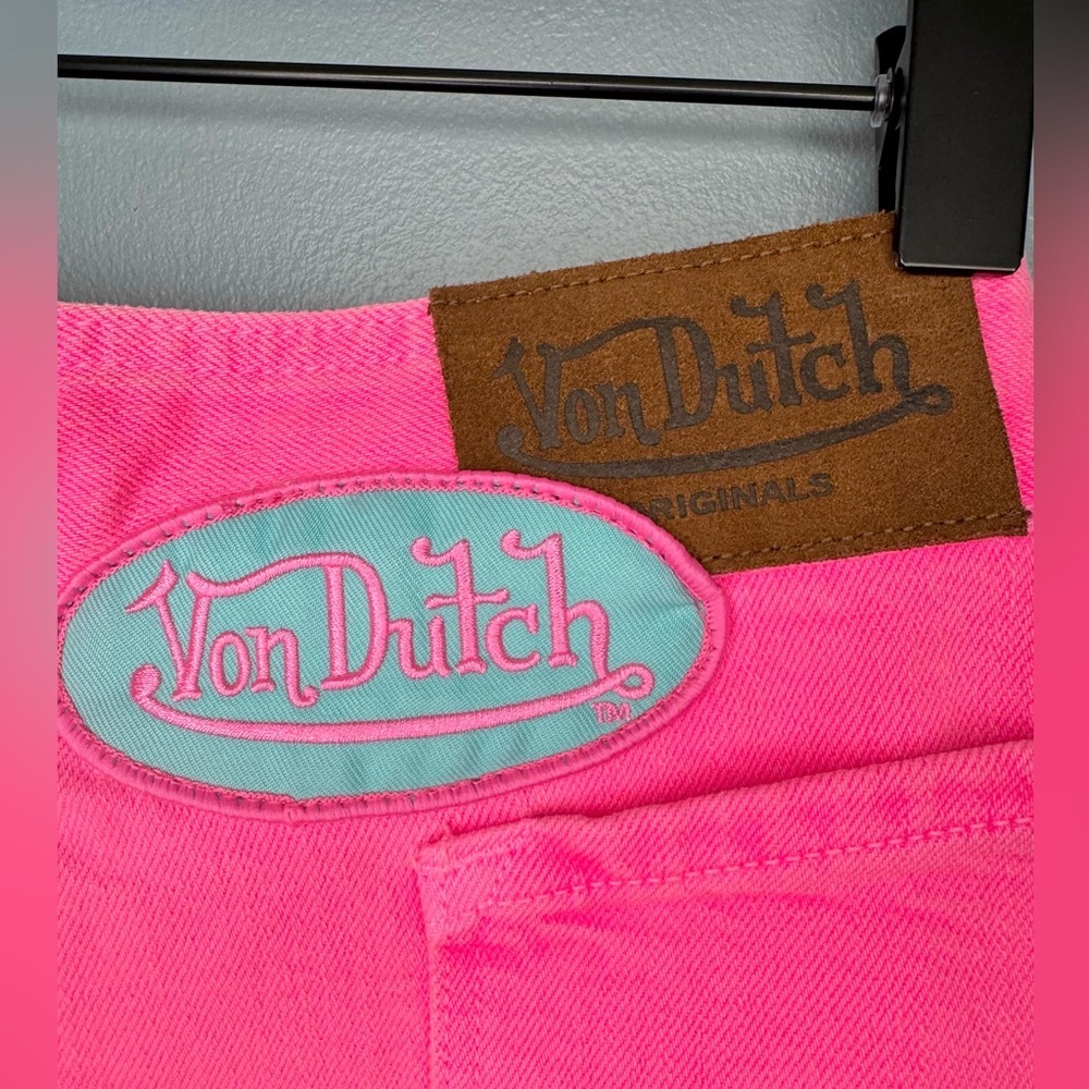Vintage VTG Y2K Von Dutch Hot Pink Pleated Denim Mini Skirt McBling | Size XS - Picture 5 of 6